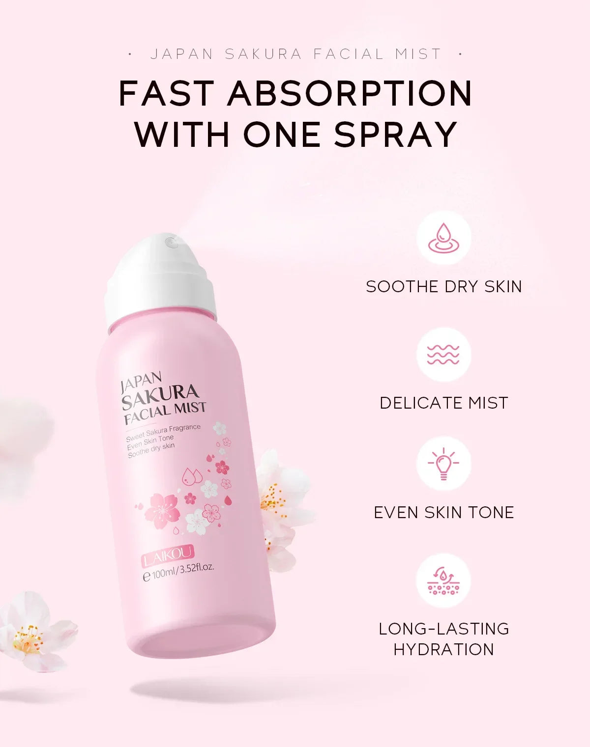 LAIKOU Sakura Toner Hydrating Moisturize Gentle Repair Brightening Skin Improve Glow Serum Toner Spray 100ml