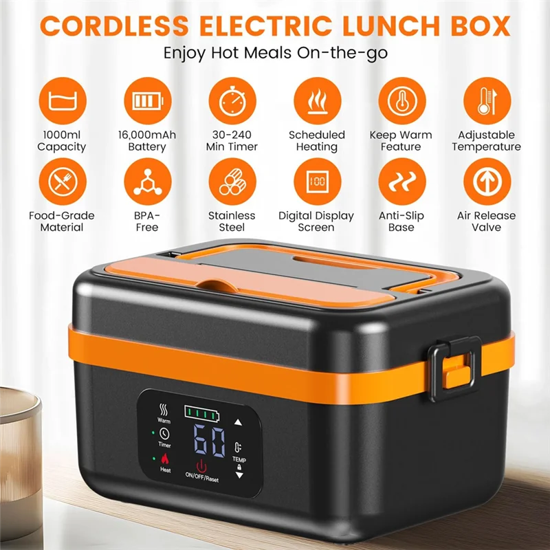 N02R-Self-Heating Cordless Electric Lunch Box Food Warmer Rechargeable 16000Mah Battery,For Office Travel Car For Work