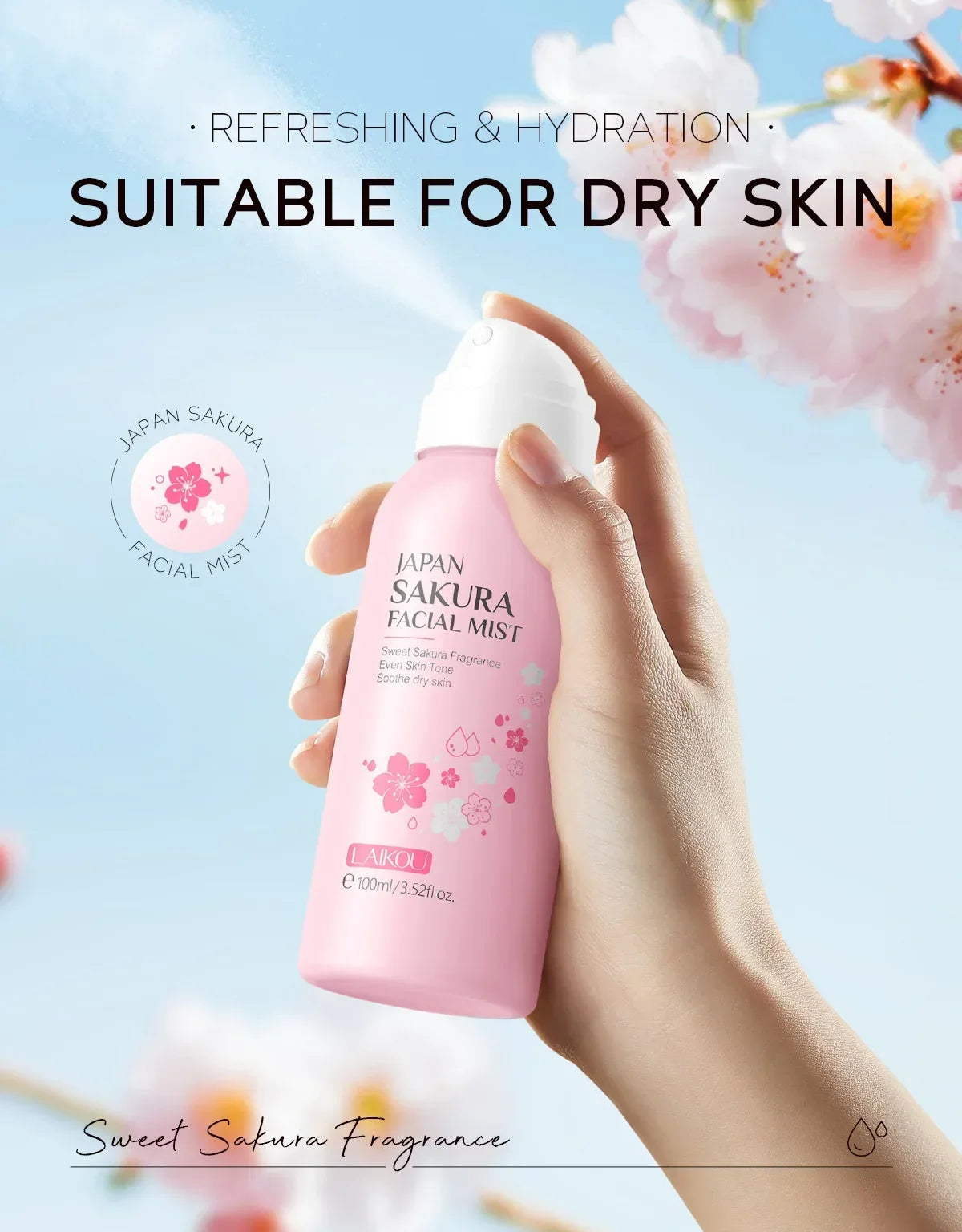 LAIKOU Sakura Toner Hydrating Moisturize Gentle Repair Brightening Skin Improve Glow Serum Toner Spray 100ml