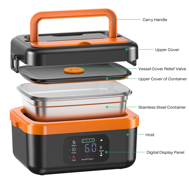 N02R-Self-Heating Cordless Electric Lunch Box Food Warmer Rechargeable 16000Mah Battery,For Office Travel Car For Work