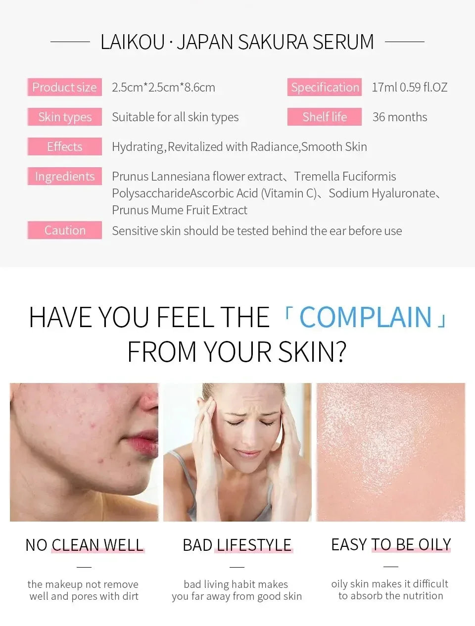 Laikou Sakura Brighting Skin Face Essence Remove Wrinkles Spots Moisturizing Lift Firm Smooth Bright Whitening Skin Care 17ml