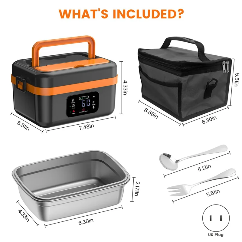 N02R-Self-Heating Cordless Electric Lunch Box Food Warmer Rechargeable 16000Mah Battery,For Office Travel Car For Work
