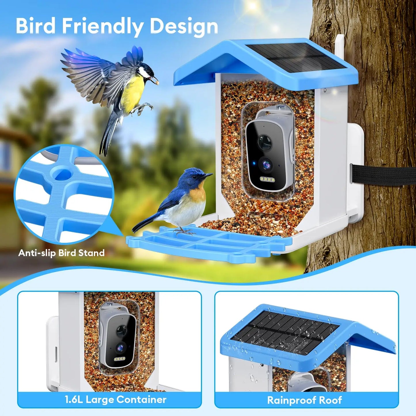 AI Bird Smart Feeder Camera 5.0Megapixel Solar Low Power Night Vision IP66 Waterproof WIFI 1.5L Capacity Feeder Camera Gift Box